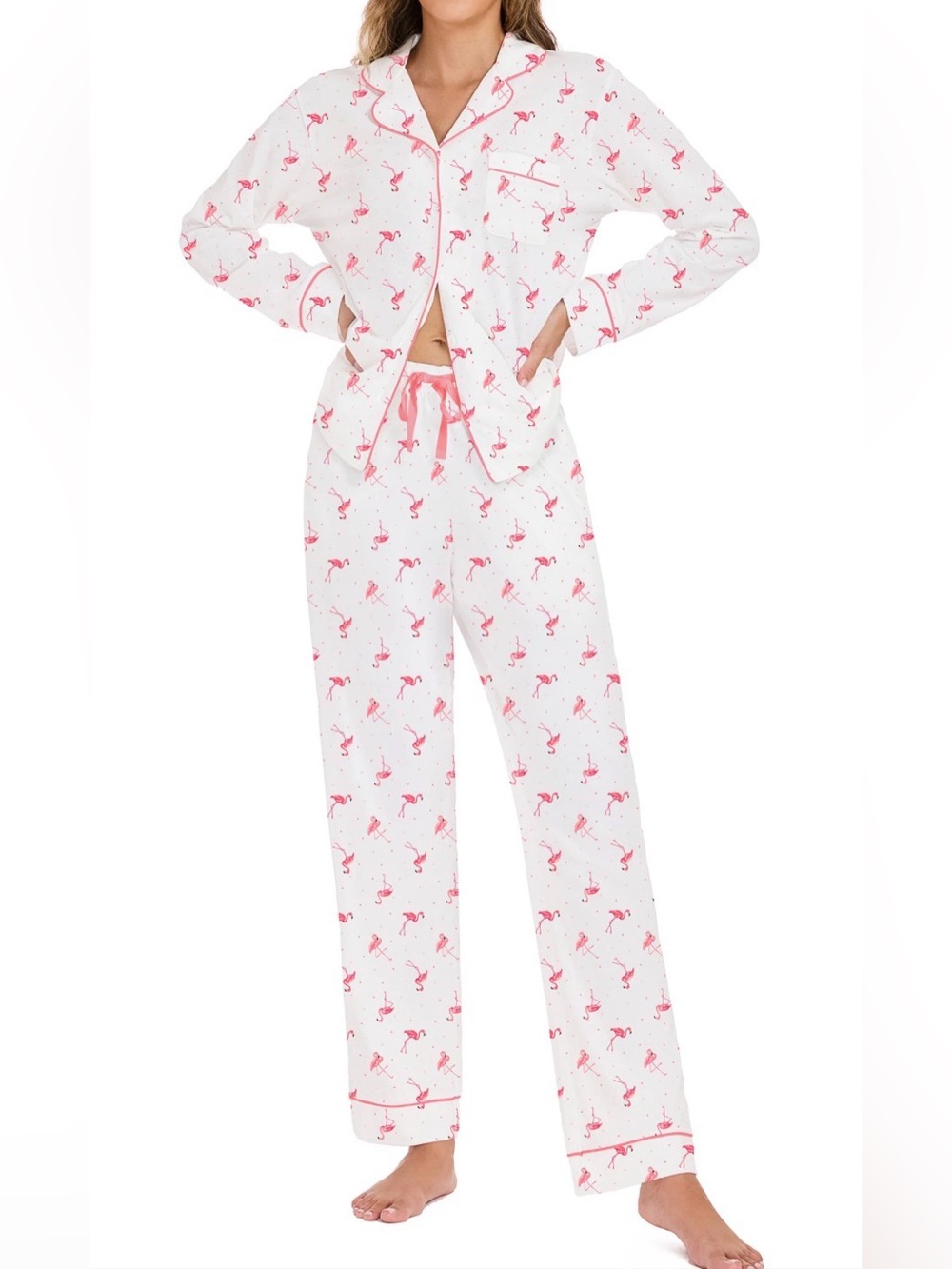 Women's Pink Flamingo Print Pajama Set - Lightweight Button-Front